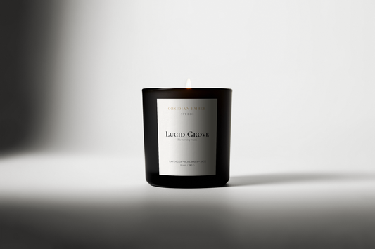 Candle with 'Lucid Grove' label on a white background
